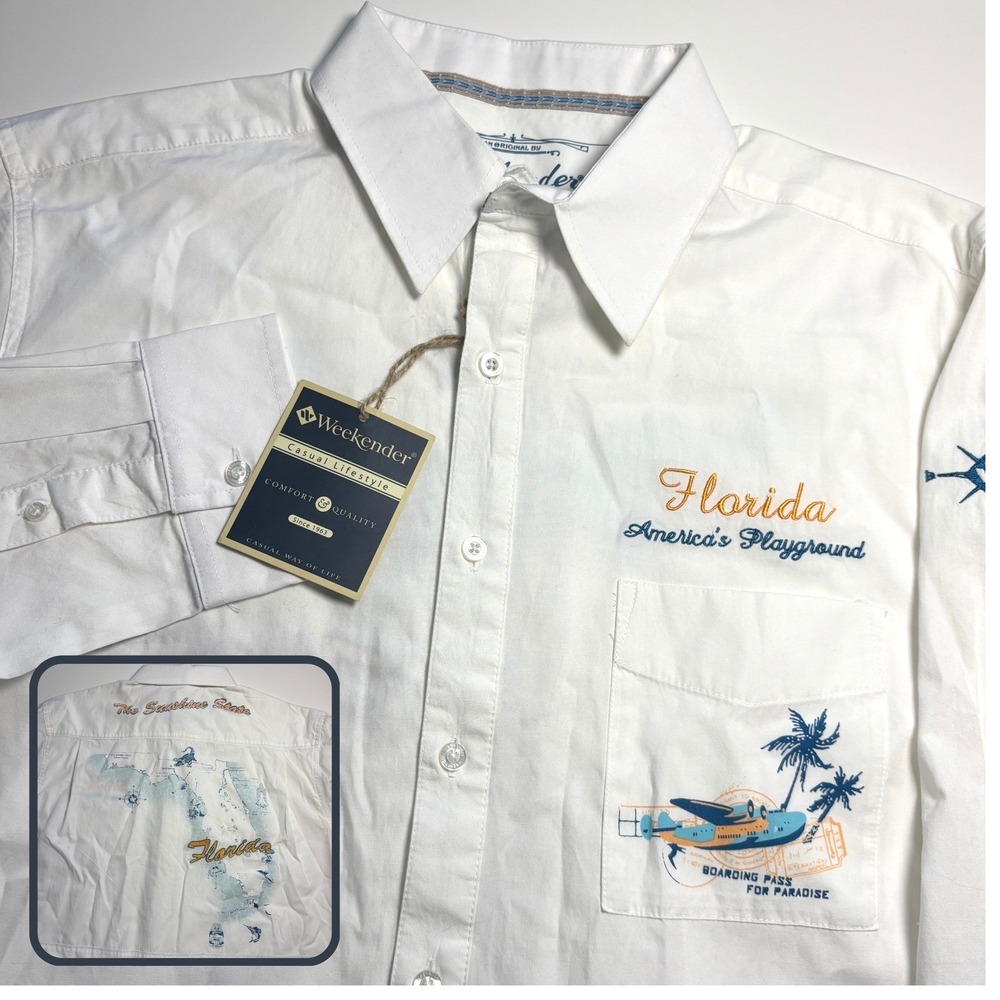 Weekender Florida Life Travel Vacation Edition Men L White Button Down Shirt New